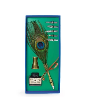 Peacock feather pen with ink and holder, blue box