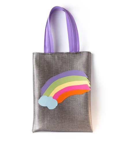 Χειροποίητη τσάντα bookbag με ουράνιο τόξο 21x29 cm (μωβ χερούλι)