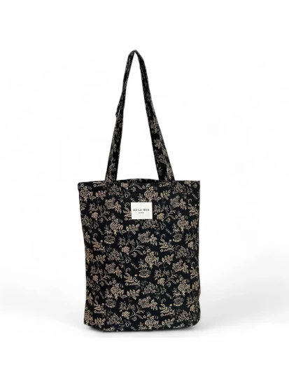 DE LA MUR tote bag blavk with beige flowers 36 x 39 cm