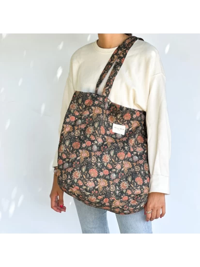 DE LA MUR shopper bag φλοράλ πορτοκαλί μαύρο 50 x 39 cm